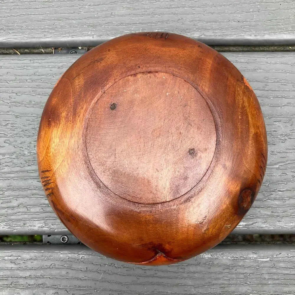 Vintage 60s 70s hand carved teak small wood bowl with carved pineapple, bohemian